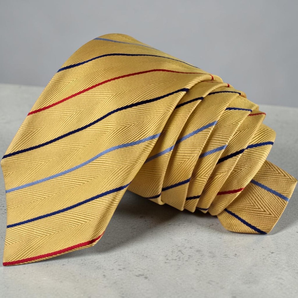 Charles Tyrwhitt Seven Fold Silk Tie Mens Yellow Herringbone Stripe Made England